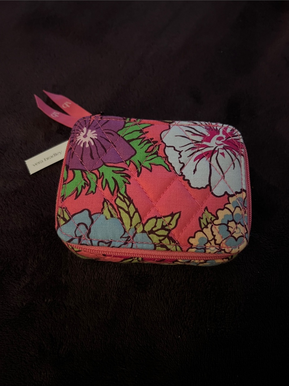 Vera Bradley Coral Pink Floral Quilted Zip Pill Case can be removed